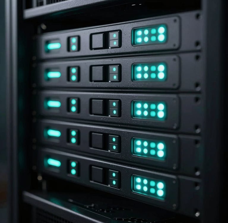 Sleek high-tech server rack with glowing neon teal indicators, low-key cool studio lighting, sharp macro focus, 35mm