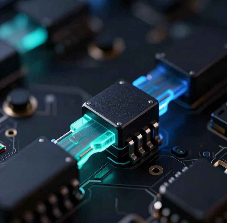 Macro close-up of high-end hardware nodes with glowing blue and teal connections, low-key dramatic studio lighting, sharp 35mm focus