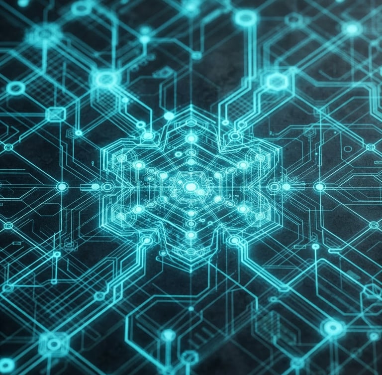 High-contrast tactical wireframe schematic, neon cyan glow, macro view of data nodes, dark background, orthographic projection.