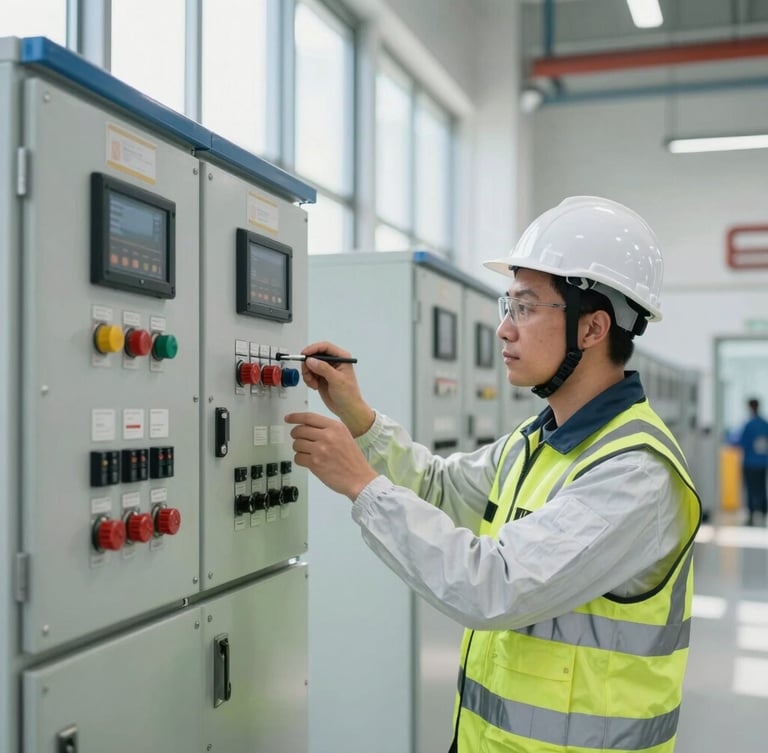 A professional electrical inspector in clean high-visibility PPE examining a control panel inside a modern power plant, bright natural daylight from side windows, clean technical details, 35mm lens