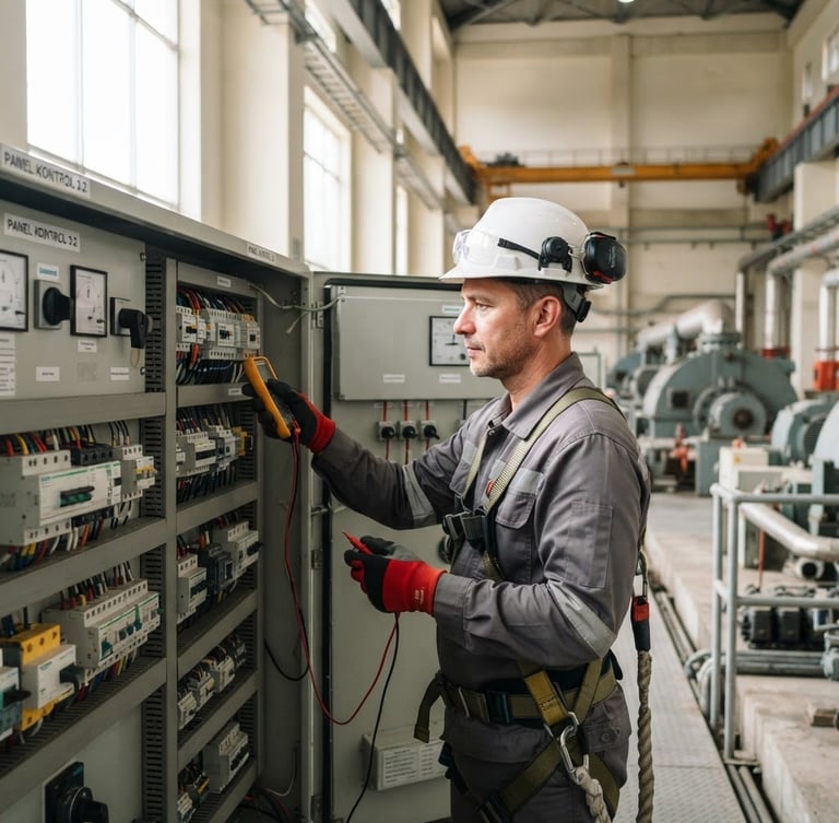 Teknisi listrik profesional dalam APD lengkap sedang memeriksa panel kontrol di pembangkit listrik, pencahayaan alami terang, detail teknis jelas.
