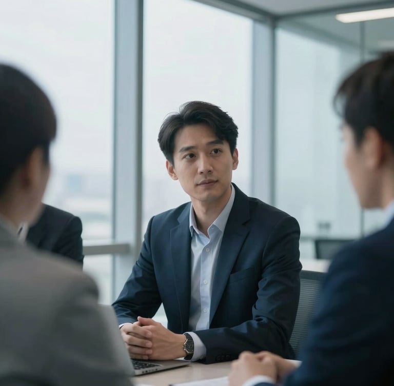 A close-up portrait of a professional corporate meeting in a modern architectural office, soft overcast daylight filtering through large windows, cool blue and gray tones, 35mm.