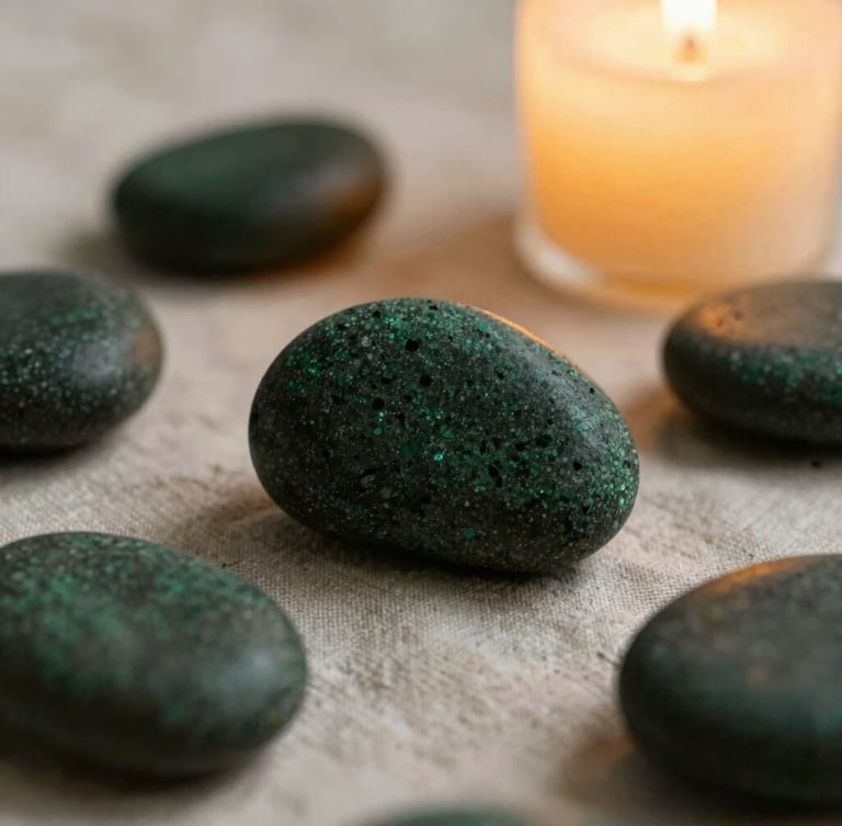 Macro shot of warm basalt stones resting on soft linen, diffused golden candlelight, deep forest green shadows, 35mm
