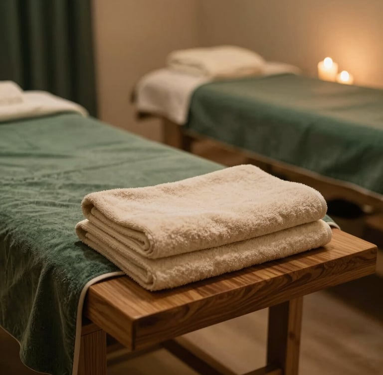 Wide shot of a serene, empty spa treatment room with dim warm lighting, folded soft towels on a wooden table, forest green accents, 35mm editorial photography