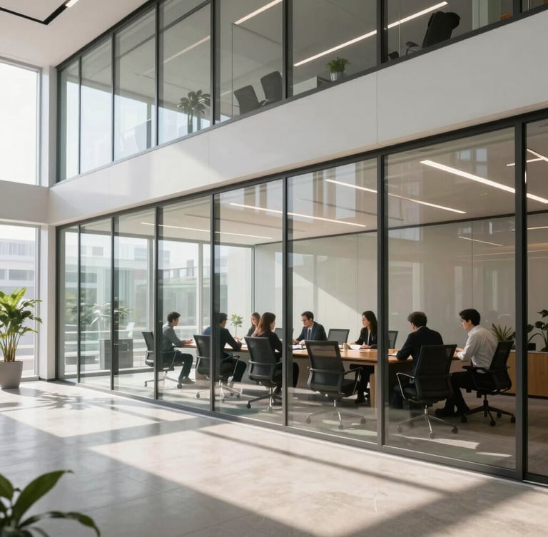 Wide environmental shot of a modern architectural corporate office with clean daylight, focused professionals working in a glass-walled conference room in the background, soft shadows.