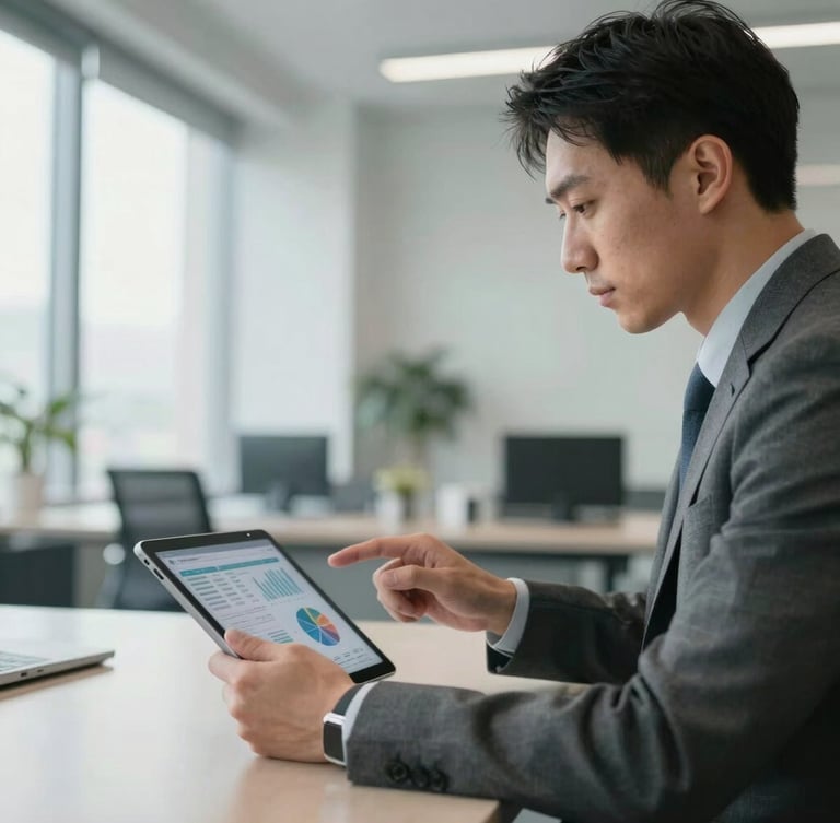 A focused professional reviewing executive metrics on a tablet in a bright, modern corporate office with clean daylight