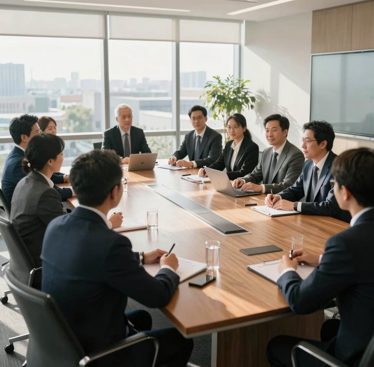 A wide-angle, bright corporate boardroom with natural sunlight streaming through large windows, professionals engaged in an active strategy session around a wooden table, soft shadows, premium editorial feel