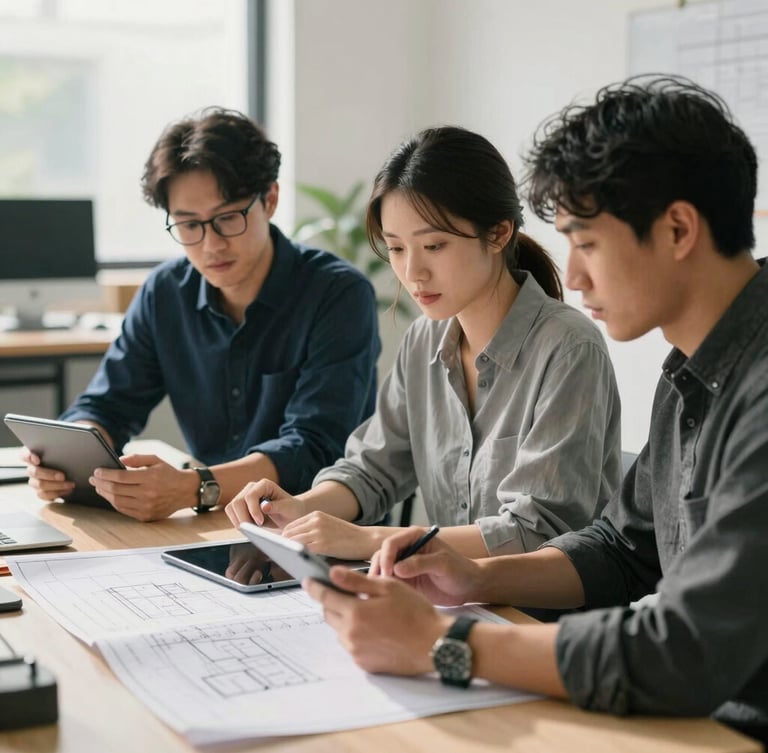 Medium shot of focused professionals in a modern collaborative workspace, natural daylight, soft shadows, working with tablets and blueprints.