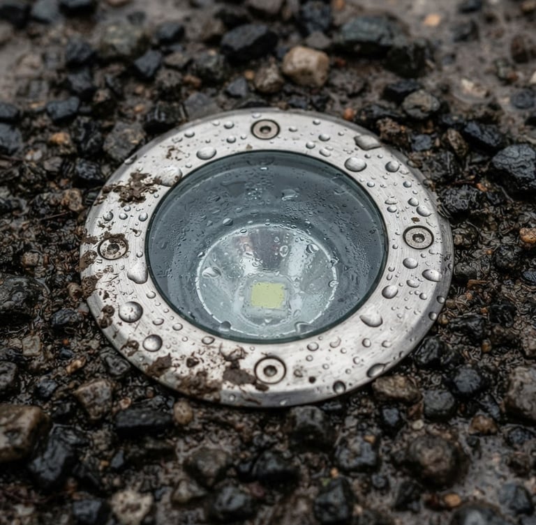 Close-up of an IP67-rated LED recessed floor light installed in a muddy, gravel driveway under overcast daylight, highlighting its stainless steel cover and tempered glass, with water droplets visible.