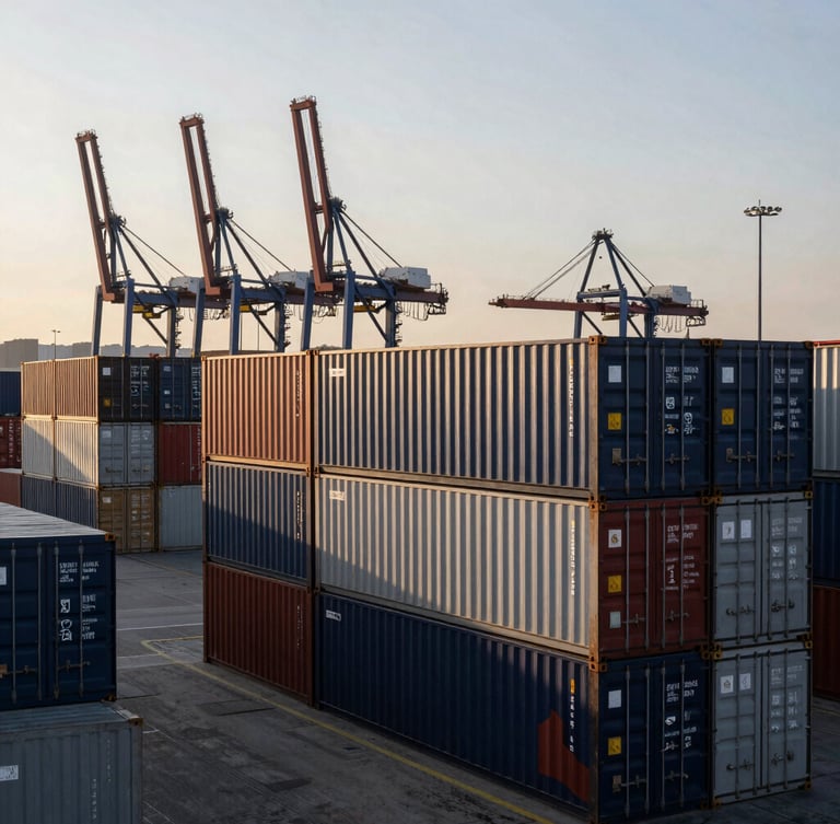 Wide-angle shot of a European shipping container port at dawn, hard directional light, stacks of containers, industrial cranes, focus on scale and efficiency.
