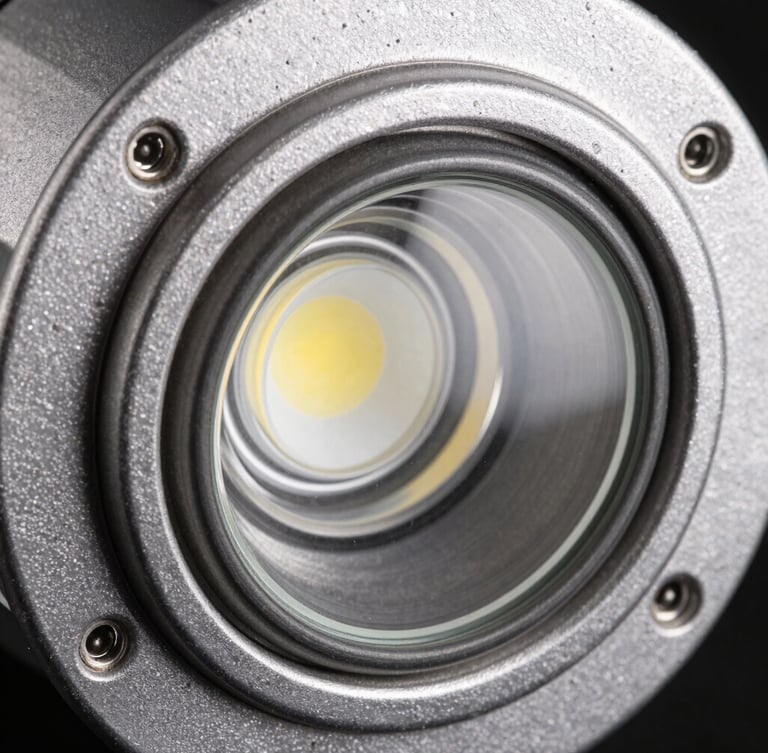 Macro close-up of an IP67-rated LED recessed floor light, focusing on the textured die-cast aluminium housing and tempered glass, hard directional studio light, steel tones, sharp focus.