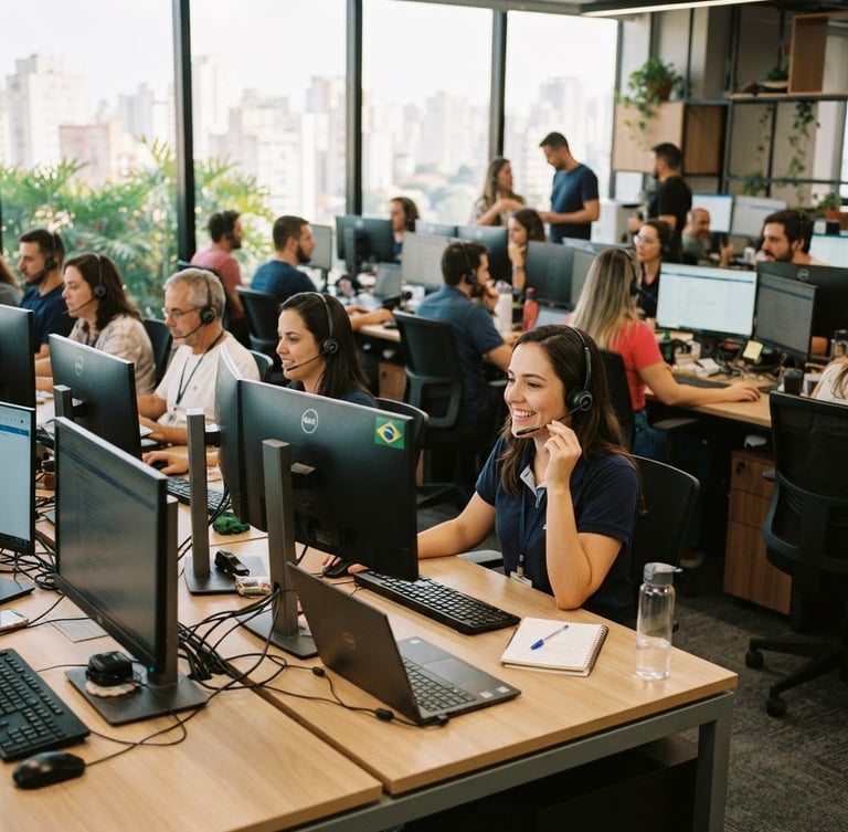 Professional Brazilian support team in a modern call center, warm daylight, high-trust commercial aesthetic, 35mm lens