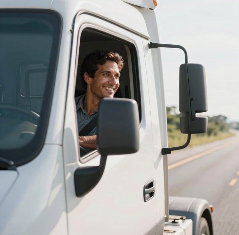 A happy Brazilian truck driver inside his cabin, smiling, looking at the road ahead, bright natural morning light, high-trust commercial photography