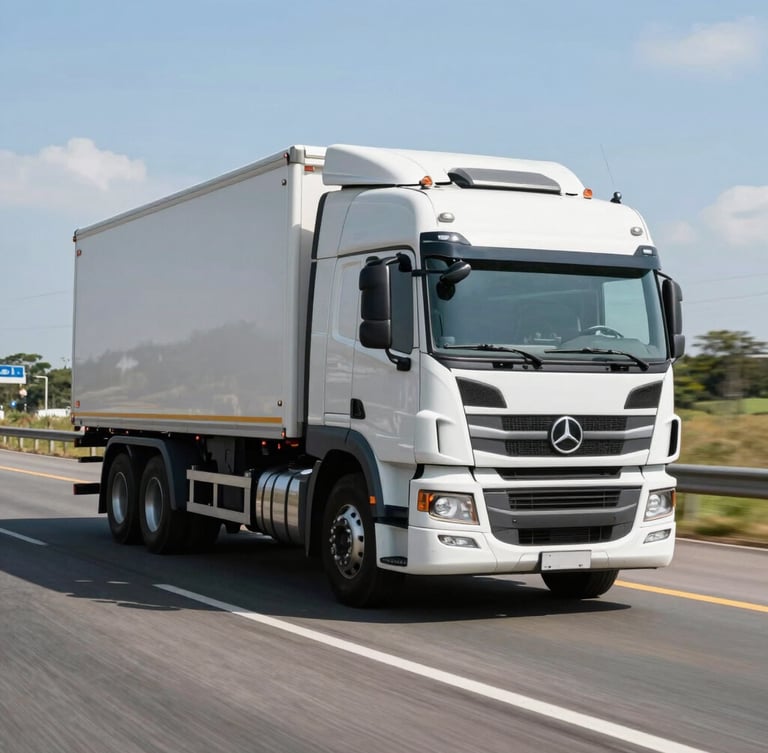 Modern heavy truck driving on a clean Brazilian highway under bright daylight, dynamic angle, high-trust editorial photography