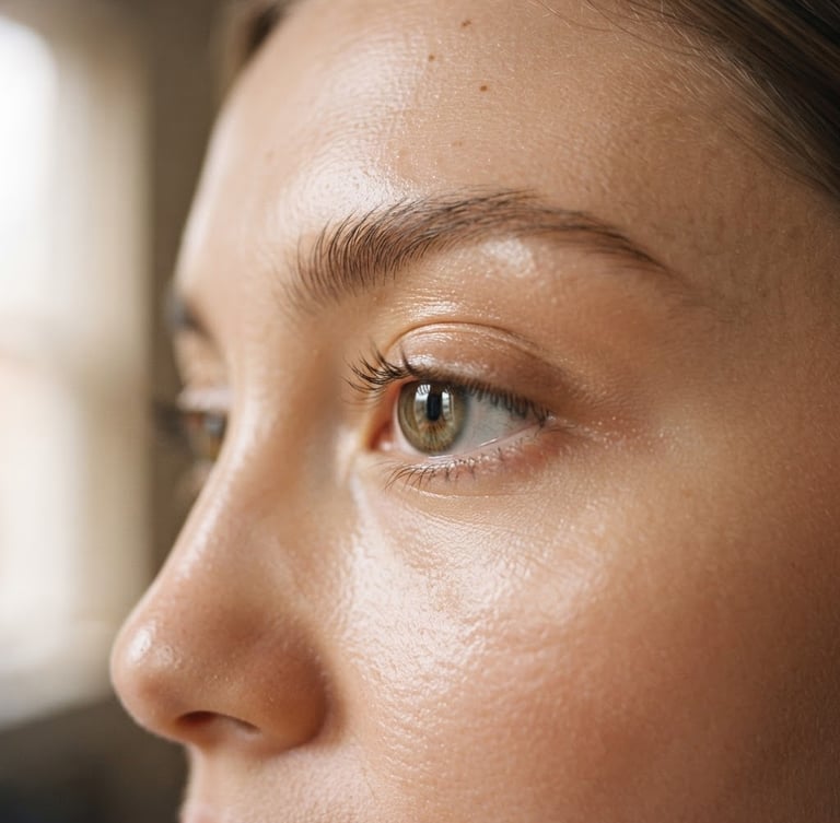 Close-up of healthy, luminous skin around the eye area, soft diffused morning window light, warm taupe tones, shallow depth of field, elegant and understated, portrait aspect ratio.