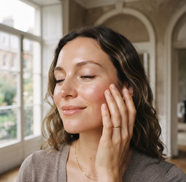 Close-up of a serene woman's face, healthy luminous skin, soft diffused morning window light, warm taupe tones, shallow depth of field, gentle hands-on-skin contact on her cheek, elegant architectural details in the background.