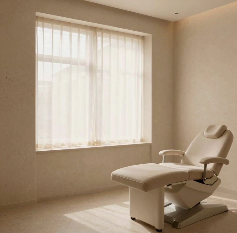 Elegant interior of a medical aesthetics clinic, serene treatment room with soft travertine textures, muted champagne and warm taupe tones, diffused window light, empty treatment chair to the right, wide-angle crop.