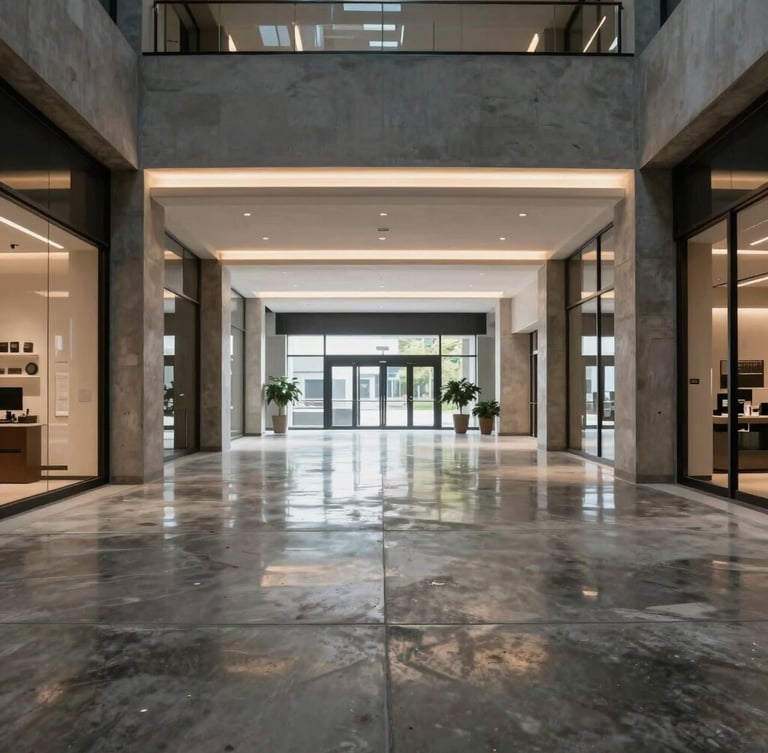 Crisp portrait view of a newly completed commercial lobby with pristine polished concrete floors reflecting overhead architectural lighting