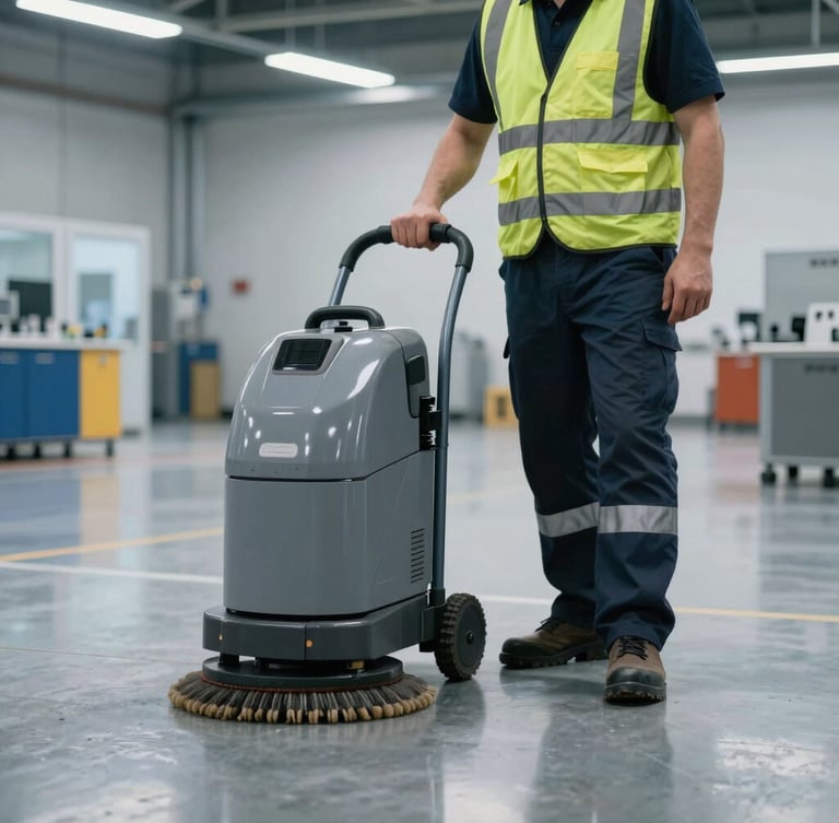 Professional facility technician in a high-visibility branded uniform operating an industrial floor scrubber on a pristine polished concrete floor reflecting cool overhead commercial lighting