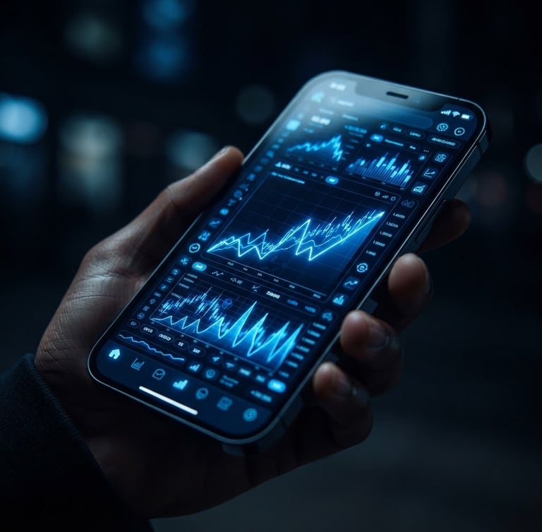 A close-up of a premium smartphone mockup displaying a dark-themed financial app user interface with electric blue data charts and glowing screen reflections, macro shot, shallow depth of field