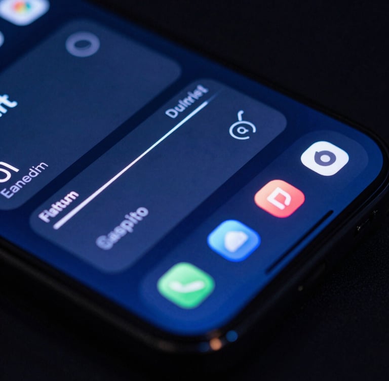 Moody dark-mode close-up of a high-fidelity mobile device mockup displaying a clean dashboard interface, glowing screen reflections, deep blues and electric neon accents, macro lens, shallow depth of field