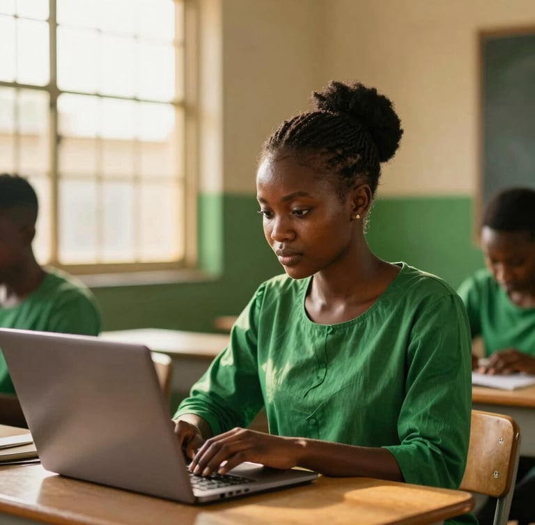A dignified medium shot of a young Nigerian woman coding on a laptop in a bright Lagos classroom, warm golden-hour sunlight streaming through the window, shallow depth of field, rich green tones.