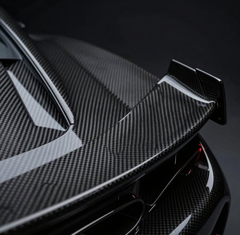 Macro close-up of a carbon fiber weave on a supercar spoiler, dramatic low-key studio lighting with high-contrast reflections, technical luxury aesthetic