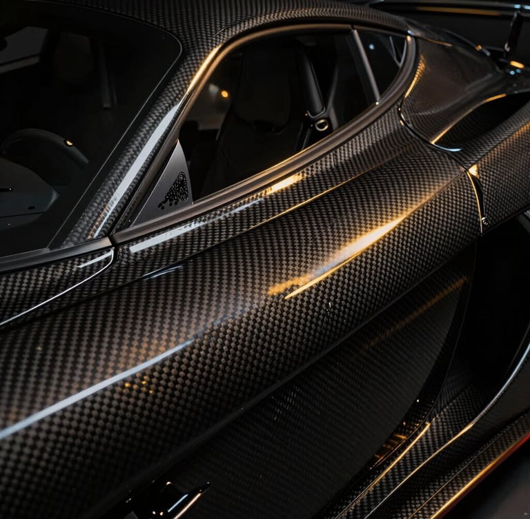Tight macro shot of polished carbon fiber weave on a modern supercar body, dramatic low-key studio lighting with sharp gold reflections, deep shadows, high contrast, 50mm