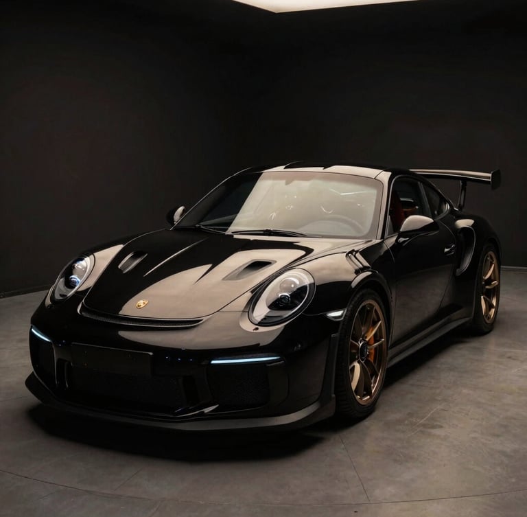 Dramatic 3/4 front angle of a polished black Porsche 911 GT3 RS in a low-key studio, sharp champagne gold reflections on the metallic paintwork, dark background, 50mm