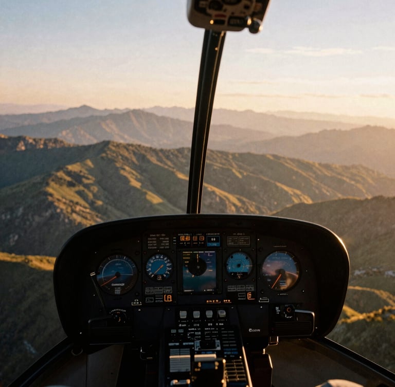 Wide panoramic view from a small aircraft cockpit, showing a mountain range at golden hour, controls in foreground, warm natural light, medium format film