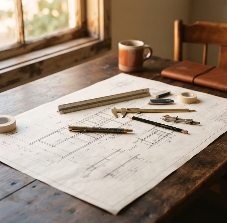 Clean, minimalist workspace with a blueprint or technical drawing on a desk, soft window light, rich earth tones, focus on precision tools