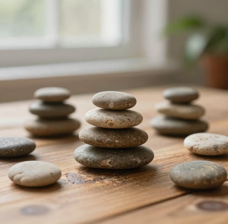 Close-up of smooth, warm river stones stacked neatly on a rustic wooden table, soft morning daylight, shallow depth of field, 35mm