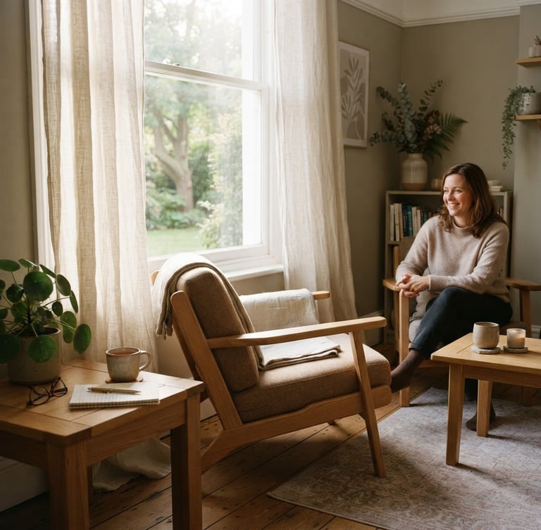 Soft morning window light filtering through linen curtains in a quiet therapy room, natural oak wood furniture, warm editorial photography, 35mm