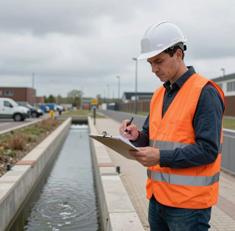 A Dutch civil engineer in a high-visibility orange safety vest reviewing technical water management plans on a clipboard next to a newly constructed urban bioswale under an overcast sky.