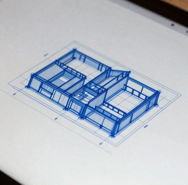 Macro close-up of a structured technical wireframe on a high-resolution screen, crisp blueprint-blue lines, sharp focus, cool neutral daylight