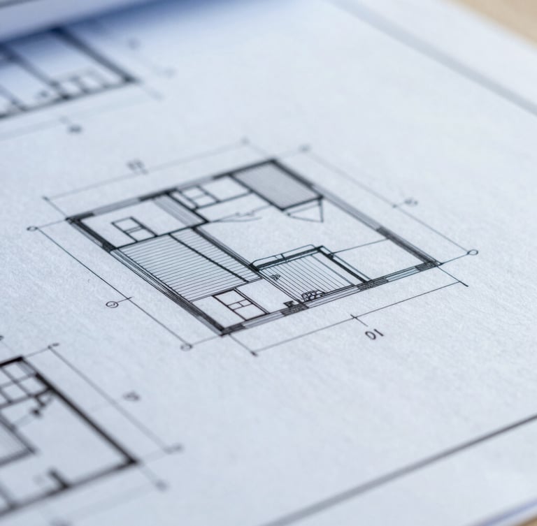 Macro close-up of physical architectural blueprints and technical wireframes on a screen, bright daylight, cool blue tones, sharp focus