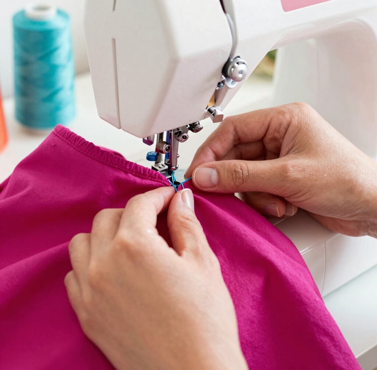 Close-up of hands carefully stitching a vibrant magenta pet garment on a sewing machine, warm natural daylight, spool of teal thread visible