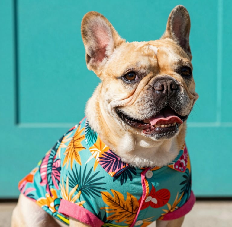 Eye-level medium close-up of a happy French Bulldog wearing a colorful tropical print shirt, sitting in warm natural daylight, vibrant teal background, 50mm lens