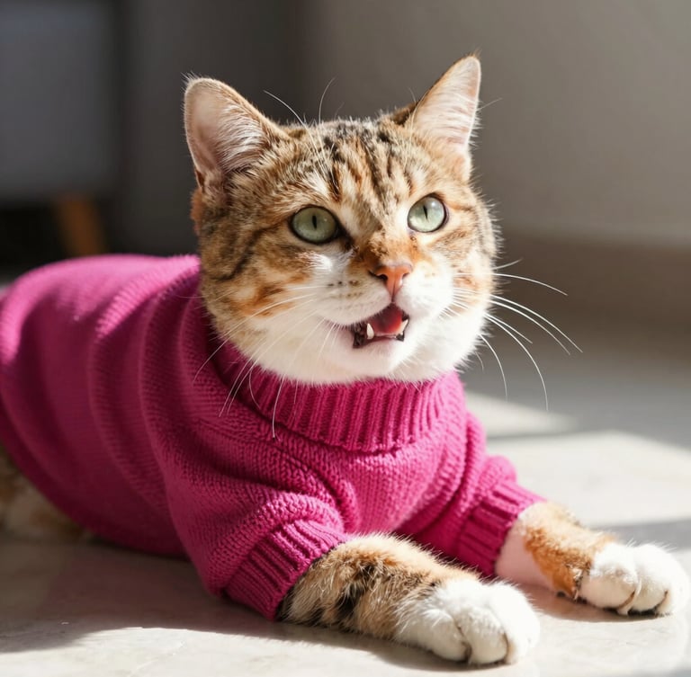 Close-up of a happy cat stretching comfortably while wearing a soft magenta knit sweater, warm natural light