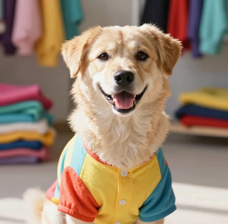 Eye-level medium close-up of a happy dog wearing a colorful handmade shirt, soft natural daylight, sewing workshop background with colorful fabrics