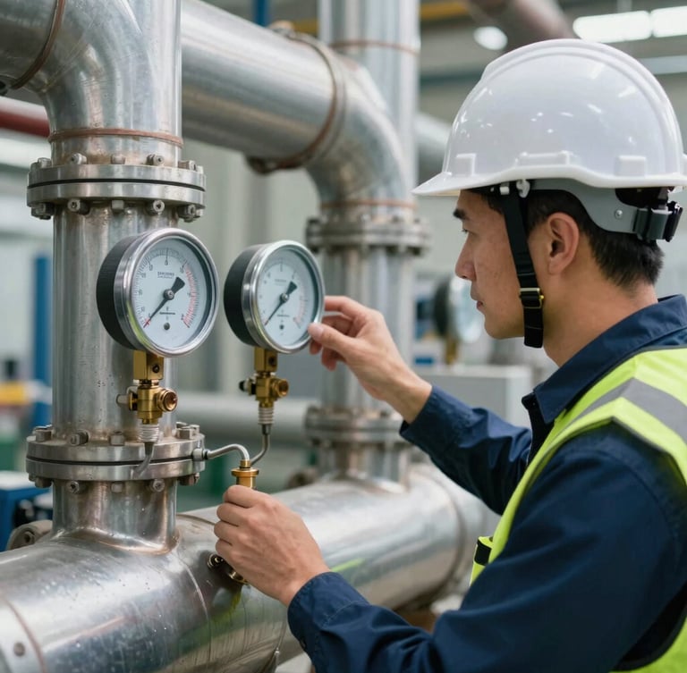 Close-up of a professional thermal engineer in a hard hat and safety vest inspecting a complex industrial HVAC manifold gauge, cool daylight, metallic textures.