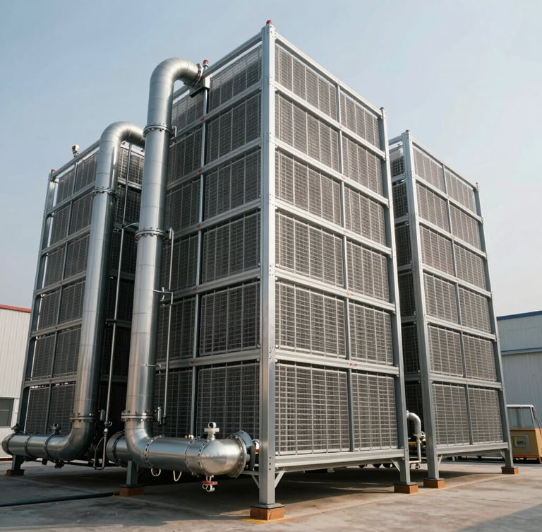Wide angle shot of a massive industrial refrigeration rack with clean steel piping, cool daylight lighting emphasizing metallic textures, professional engineering setup.