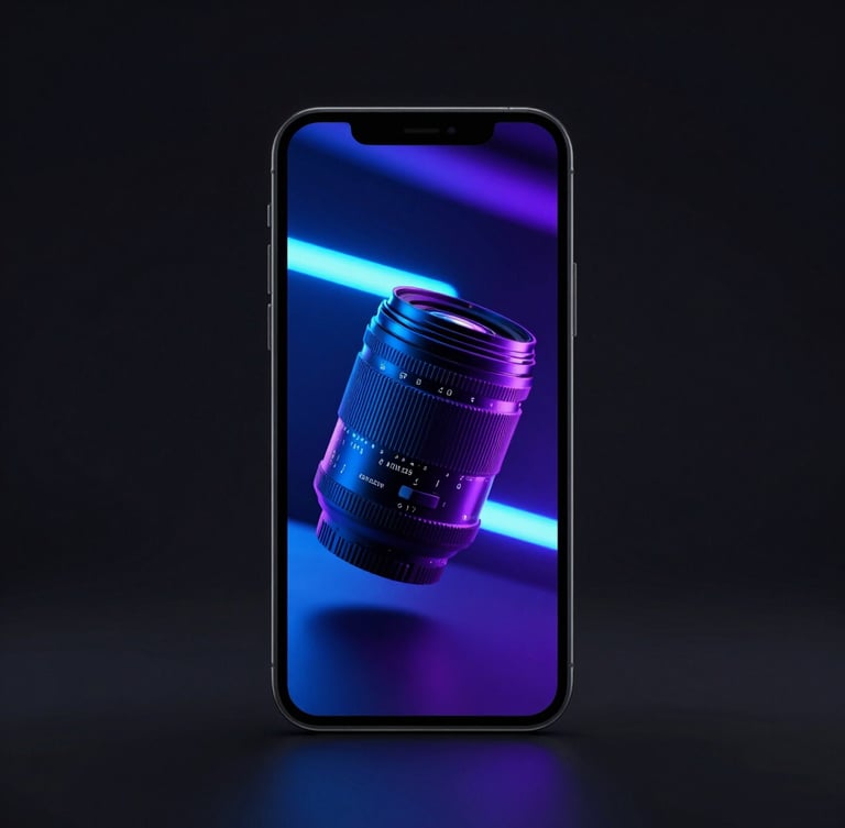 Sleek mobile device mockup displaying a dynamic video ad with vibrant neon blue glow, high-contrast dark studio setup, sharp 35mm lens