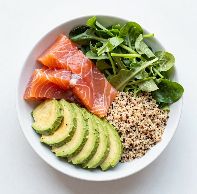Overhead flat-lay of a vibrant healthy salmon bowl with avocado, quinoa, and fresh greens, bright daylight, 35mm