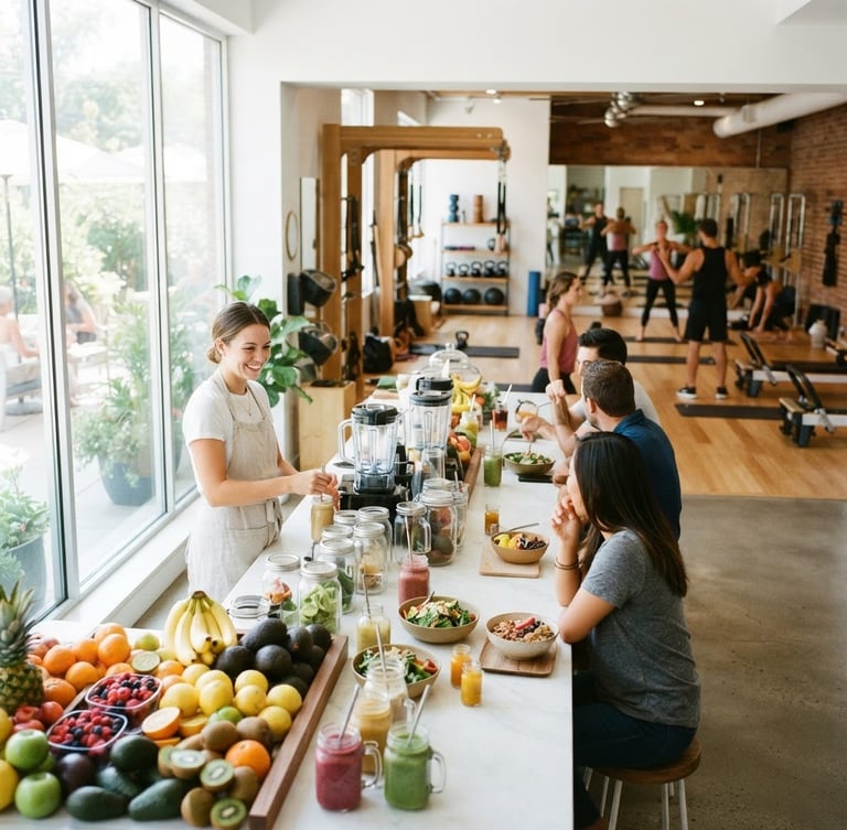 Bright natural daylight interior of a modern wellness hub, featuring a clean-eating cafe counter with fresh fruits on the left and a boutique gym floor with wooden accents in the background, high-key lighting, 35mm