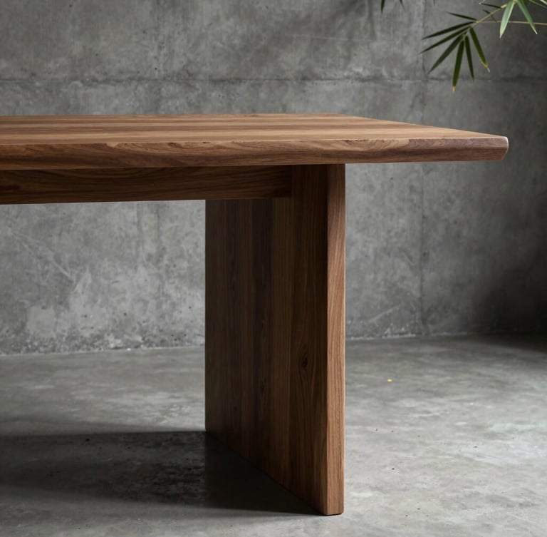 A vertical, high-contrast chiaroscuro photograph of a monolithic solid wood table corner in a raw concrete gallery. Deep shadows carve out the natural oak grain, with a subtle bamboo-green leaf shadow cast on the concrete wall behind.