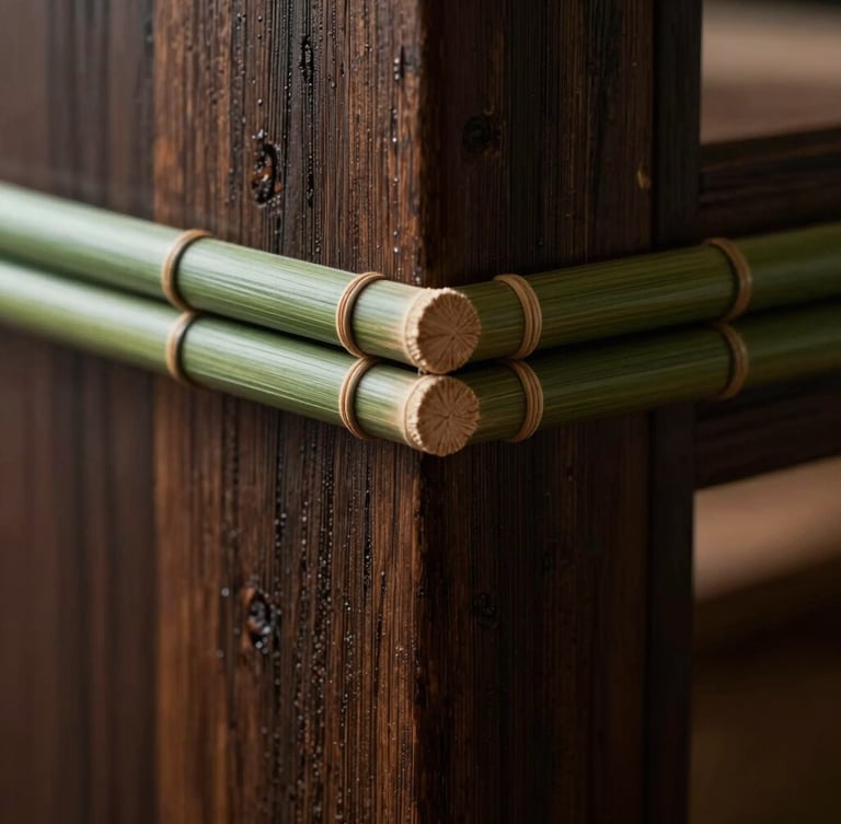 Extreme close-up of dark wood grain and a sharp bamboo green joinery detail under directional side-light, chiaroscuro, architectural framing
