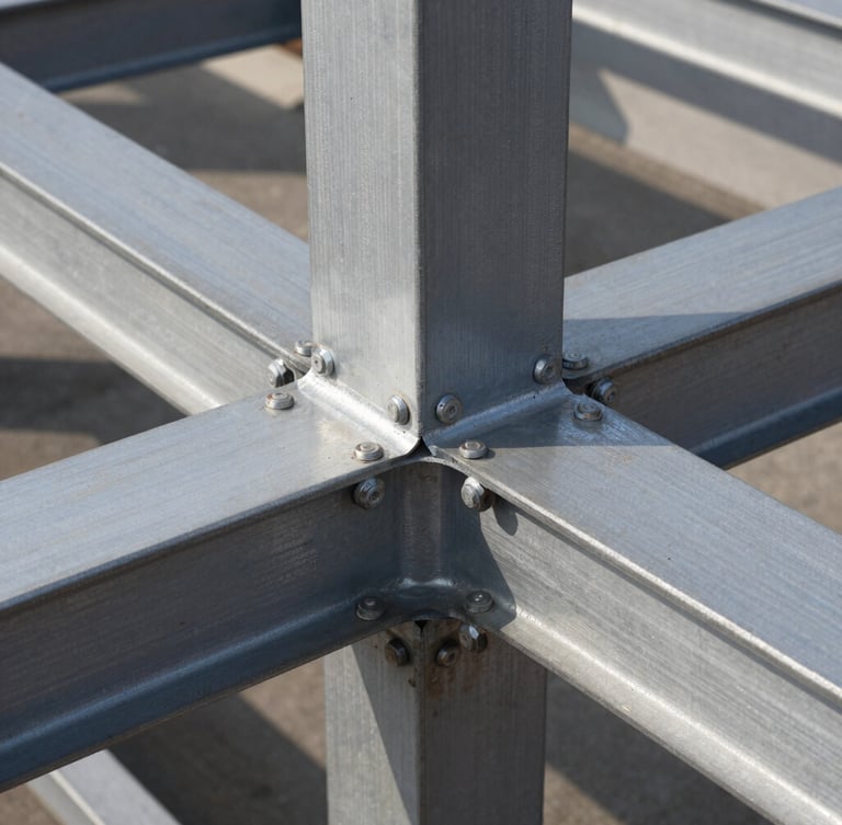 Industrial architectural photography, sharp daylight, close-up of freshly coated steel joints, high contrast metallic tones, 35mm lens