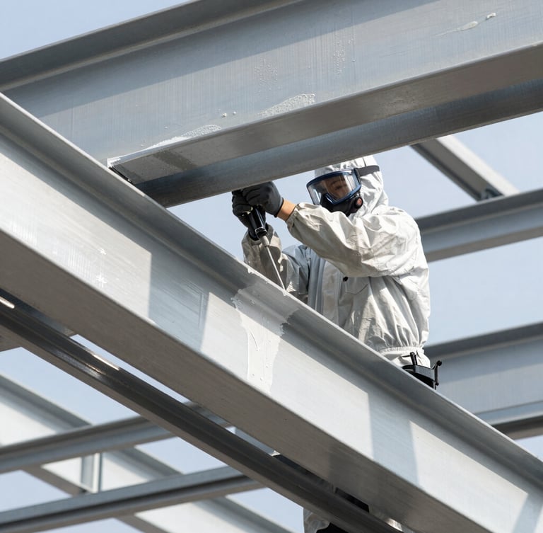 Technician in protective gear applying industrial coating to steel beams, high contrast daylight, sharp details