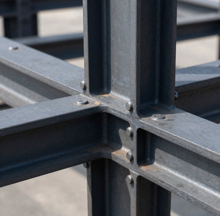 Sharp architectural close-up of industrial steel joints coated in protective dark charcoal finish, sharp daylight, high contrast metallic tones, crisp details, 35mm lens